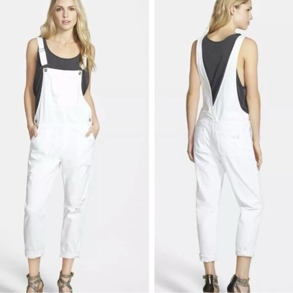 Ag Adriano Goldschmied Finn White Distressed Denim Overalls Size 26 - Picture 1 of 15